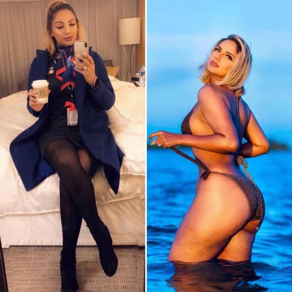 Hot Flight Attendants With And Without Their Uniforms