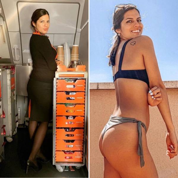 Hot Flight Attendants With And Without Their Uniforms
