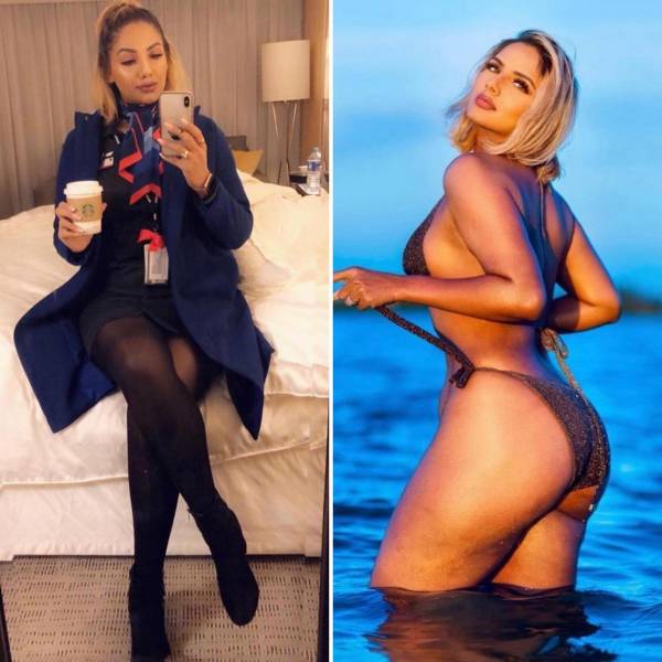 Hot Flight Attendants With And Without Their Uniforms