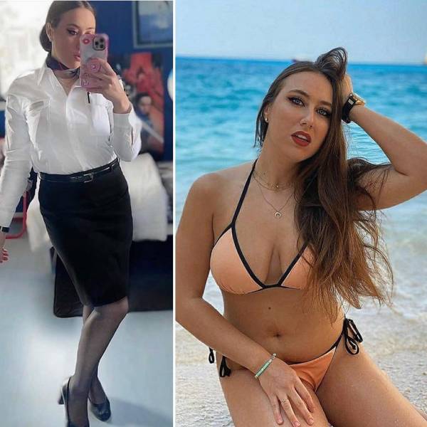 Hot Flight Attendants With And Without Their Uniforms