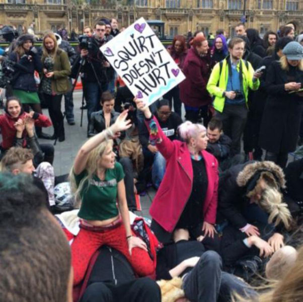 A Bizarre Face Sitting Protest outside British Parliament