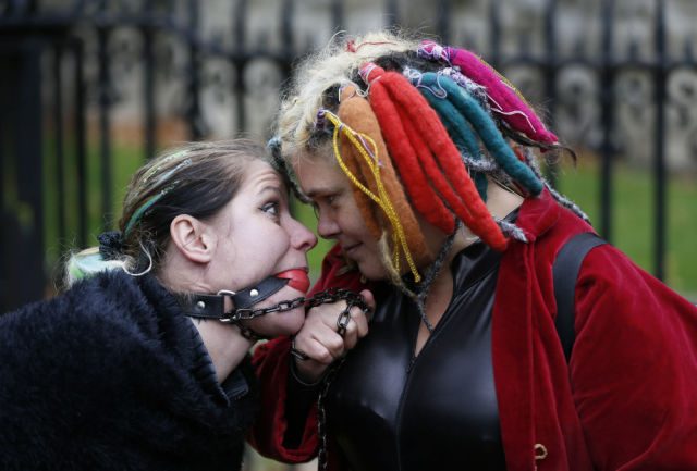 A Bizarre Face Sitting Protest outside British Parliament