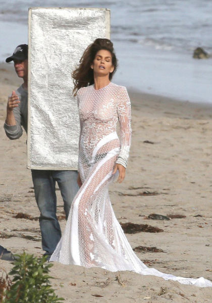 Cindy Crawford Goes Braless on the Beach